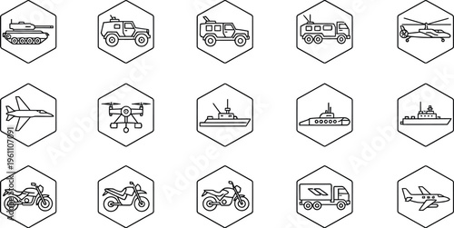 Collection of fifteen monochrome line icons representing various modes of military and civilian transportation systems for logistics planning