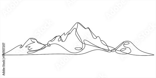 Single continuous line drawing of a majestic mountain range against a white background. Vector, illustration