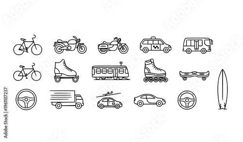 Modern ride outline icons collection with bicycle motorcycle car bus train skateboard and editable vector