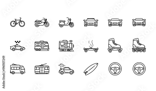 Ride line icons set with bicycle motorcycle car bus train skateboard and editable vector symbols