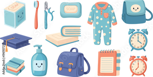 Kids Daily Routine and School Supplies Icon Set with Backpack, Books, Soap, Toothbrush, Pajamas, Alarm Clock Vector Illustration Collection