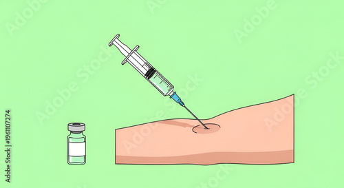 Cartoon syringe injecting vaccine into arm with vial on green background for health medical treatment and immunization design