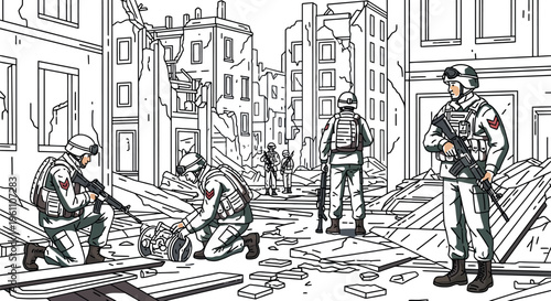Soldiers carefully survey the extensive destruction of an urban landscape, actively inspecting and securing the hazardous area after a devastating conflict in this detailed cartoon illustration.