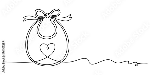 Continuous one line drawing of a baby bib with a heart and a decorative ribbon bow on top. Vector, illustration