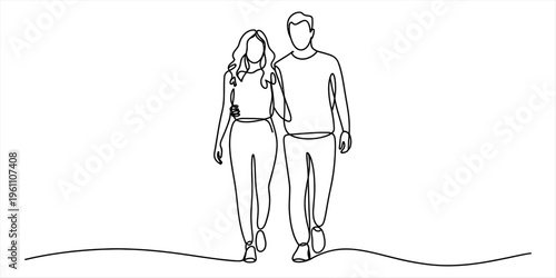 Continuous line drawing of a young couple walking together with an arm around each other Vector, illustration
