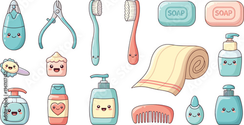 Cute Bathroom Hygiene Cartoon Icon Set with Toothbrush, Soap, Shampoo, Towel, Comb, Lotion, and Personal Care Items Vector Illustration