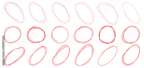 Collection of hand drawn red pen circles and ovals set. Marker circle doodles. Ellipse pencil doodles for highlights. vector illustration