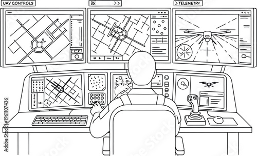 Operator diligently monitors multiple digital displays showing uav controls telemetry and complex aerial surveillance maps for drone management