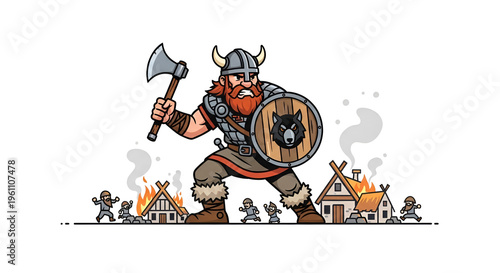 Cartoon Viking raiding village with axe and shield illustration; Fantasy conqueror with horned helmet attacking houses and running villagers