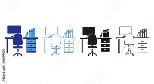 office desks with computers and chairs in different colors
