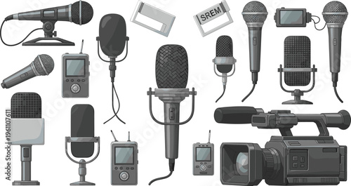 Professional Audio and Video Recording Equipment Icon Set with Microphones, Camera, Voice Recorder, and Studio Broadcasting Tools Vector Illustration