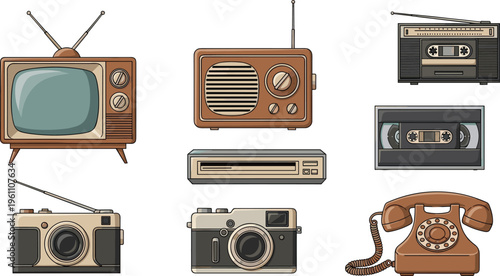 Vintage Technology and Retro Electronics Icon Set with Television, Radio, Cassette Tape, Camera, Telephone, and Video Player Vector Illustration