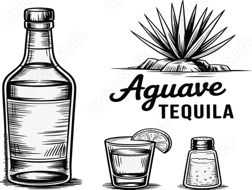 Hand drawn vintage tequila vector set with agave plant, glass shot, lime slice, and salt shaker
