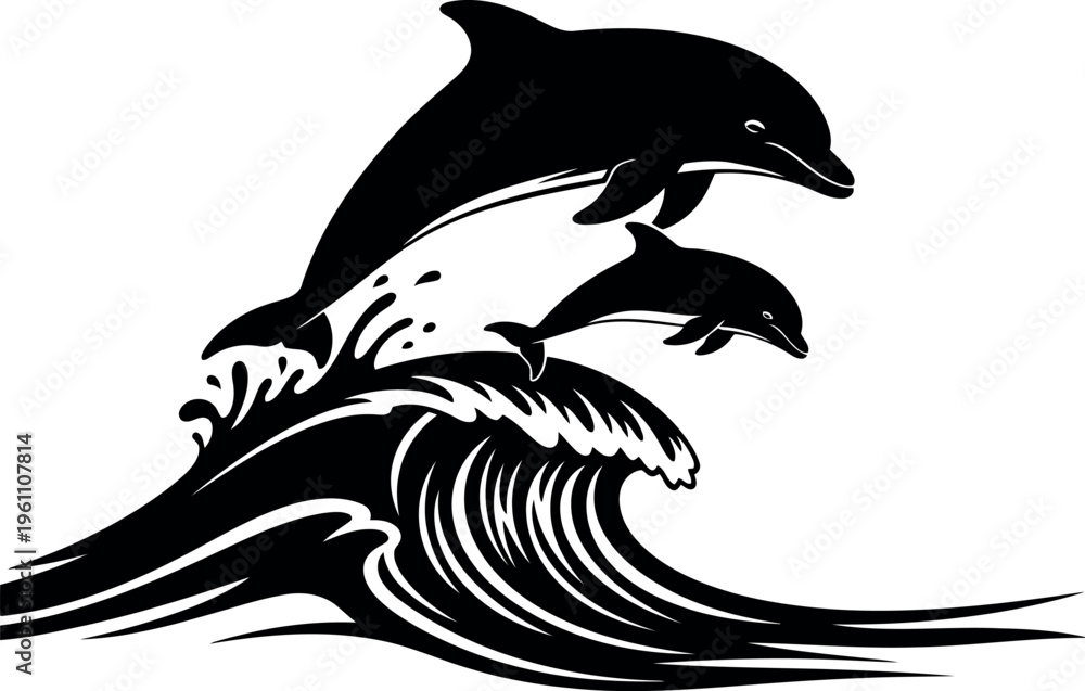 Obraz premium Three Dolphins Leaping Over Ocean Waves Artistic Illustration Design
