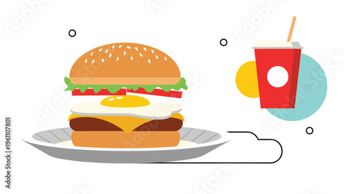 Tasty hamburger with a fried egg and cheese on a plate next to a red soda cup with a straw, perfect for fast food and meal concepts.