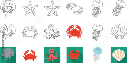 Sea Animals Outline and Color Icon Set with Crab, Jellyfish, Starfish, Octopus, Shell, and Marine Life Vector Illustration Collection