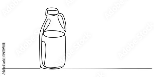 Continuous line drawing of a plastic jug or bottle with a handle on a white background. Vector, illustration
