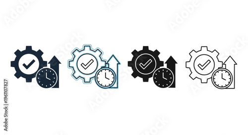 productivity icons, gears, clock, check mark