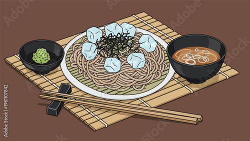 Bowl of cold soba noodles with ice cubes, seaweed, and dipping sauce served on a bamboo mat for a refreshing traditional japanese meal.