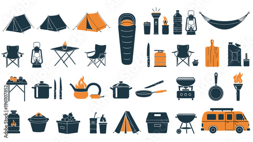 Comprehensive set of outdoor camping equipment icons including tents, lanterns, stoves, and a camper van for travel and adventure.
