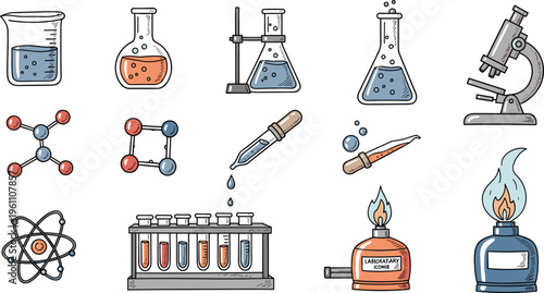 Chemistry Laboratory Equipment Icon Set with Beakers, Flasks, Test Tubes, Microscope, Molecules, Burner, and Science Experiment Tools Vector Illustration