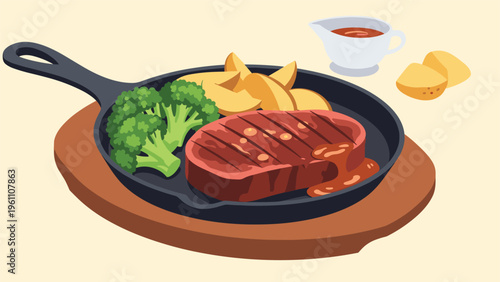 Juicy grilled beef steak served with broccoli and potato wedges in a cast iron skillet on a wooden board for gourmet dining themes.