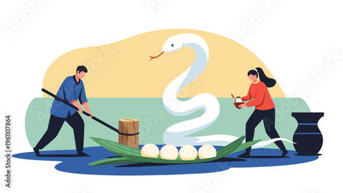 Two people pounding rice to make mochi with a white snake guardian in the background, representing japanese folklore and traditions.