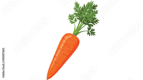 Fresh orange carrot with vibrant green leafy tops on a clean white background, ideal for healthy eating and vegetable garden themes.