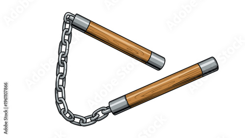 Traditional martial arts nunchaku with two wooden handles connected by a sturdy metal chain, suitable for karate and weapon themes.