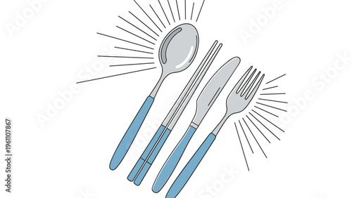 Set of shining silver kitchen utensils including a spoon, chopsticks, knife, and fork arranged on a clean white background.