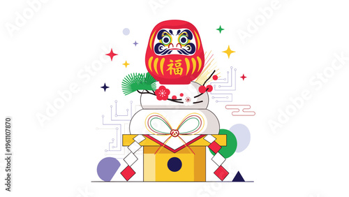 Traditional japanese daruma doll placed on top of kagamimochi rice cakes for lunar new year celebrations and good luck symbols.