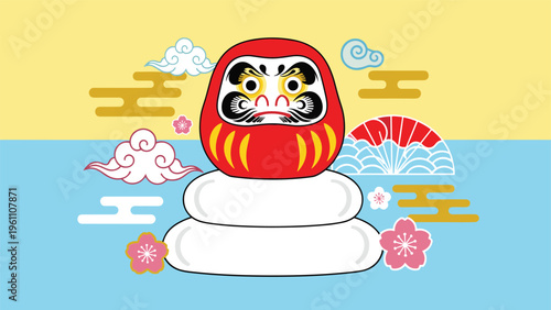Red daruma doll on top of white kagamimochi rice cakes with traditional clouds and cherry blossoms for japanese new year decoration.
