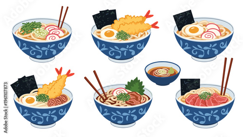 Assorted bowls of authentic japanese ramen and udon noodles with various toppings like shrimp tempura and seaweed on a white backdrop.