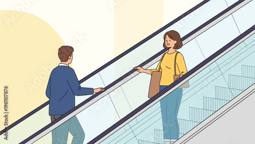 Man and woman riding an escalator in a modern public space or shopping mall, representing urban travel and transportation movement.