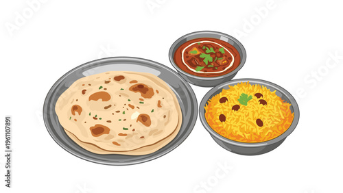 Traditional indian meal set featuring freshly baked naan bread, spicy vegetable curry, and yellow basmati rice on a white background.