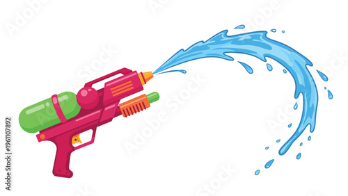 Colorful pink and blue water gun spraying a stream of water in a playful arc, ideal for summer activities and outdoor fun for kids.