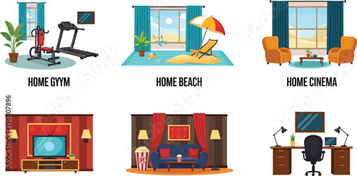 Stay at Home Activities Illustration Set with Home Gym, Home Beach, Home Cinema, Living Room, and Home Office Interior Vector Collection