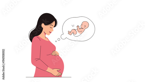 Gentle illustration of a pregnant woman in a pink dress dreaming about her unborn baby shown in a thought bubble above her head.