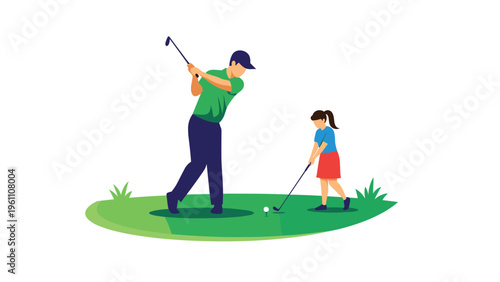 Father and young daughter enjoying a day of golf together on a lush green field, depicted in a clean and modern flat vector style.