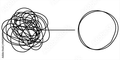 Abstract doodle showing a chaotic mess of lines on the left leading to a simple circle on the right. Vector, illustration
