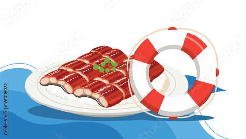 Appetizing plate of grilled eel known as unagi served over rice with a symbolic lifebuoy ring on a blue ocean wave background.