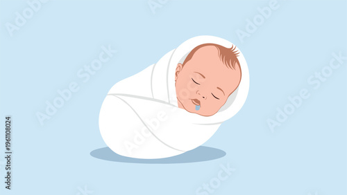 Adorable newborn baby wrapped snugly in a soft white swaddle cloth sleeping peacefully on a calming light blue background surface.