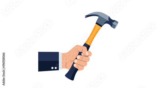Close up view of a hand in a professional suit sleeve firmly holding a hammer as if ready for a home renovation or DIY project.