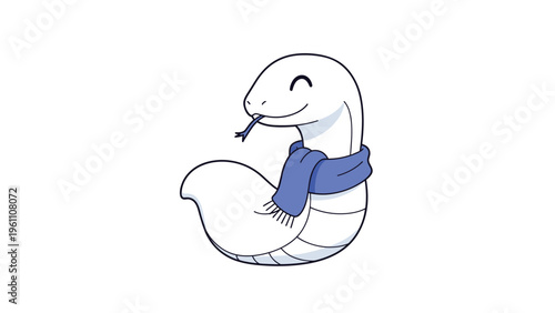 Cute cartoon illustration of a friendly white snake wearing a cozy blue scarf and sticking out its forked tongue on a white background.
