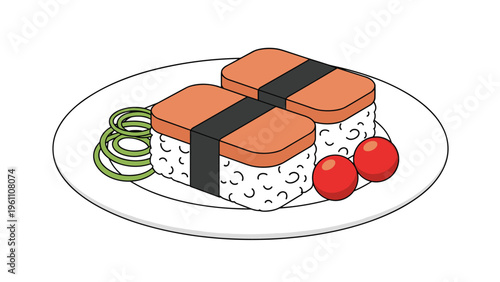 Plate featuring two pieces of Hawaiian spam musubi sushi garnished with curly green onions and fresh red cherry tomatoes on the side.