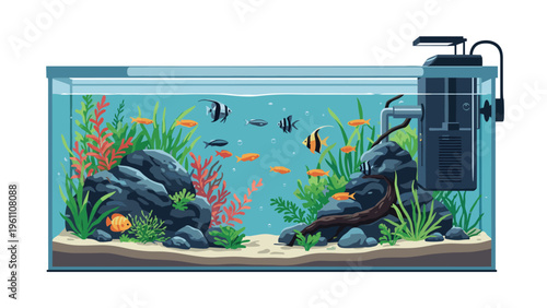 Large rectangular glass fish tank aquarium filled with various tropical fish, aquatic plants, natural rocks, and a water filter.