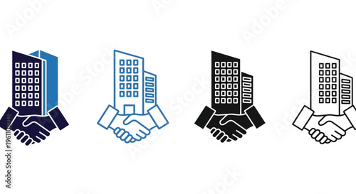 Business partnership handshake with city buildings