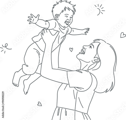 Joyful mother holds her laughing toddler high up in the air celebrating their beautiful bond of unconditional love and happiness