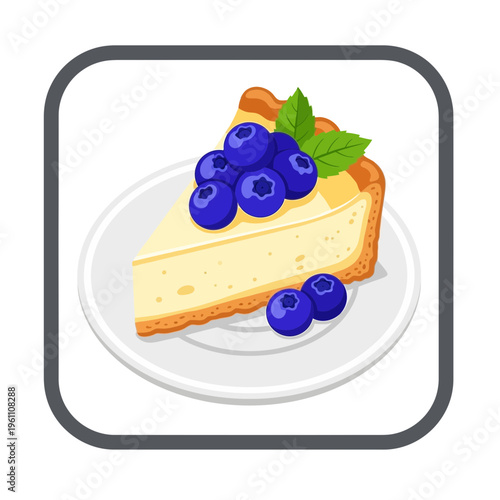 Slice of creamy cheesecake topped with fresh blueberries and mint leaf on a white plate