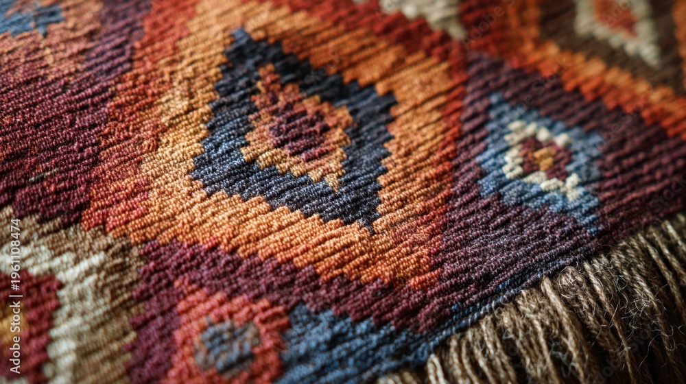 Fototapeta premium Close up view of a woven textile with geometric patterns in warm tones showing fringed edges